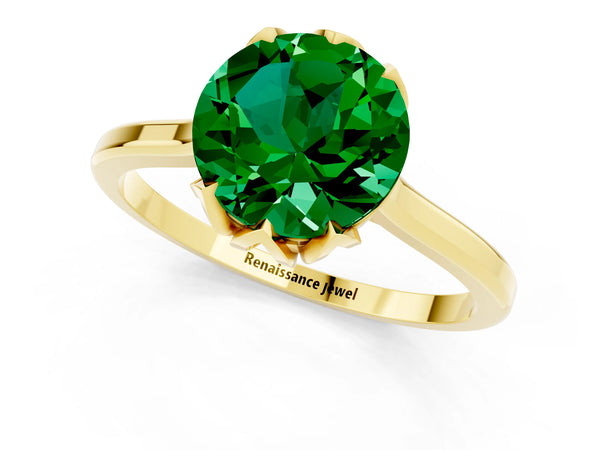Yellow gold Round Cut Emerald Solitaire Ring with Flower Prong Setting and Classic Band
