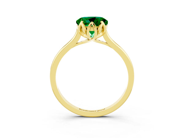 Yellow gold Round Cut Emerald Solitaire Ring with Flower Prong Setting and Classic Band