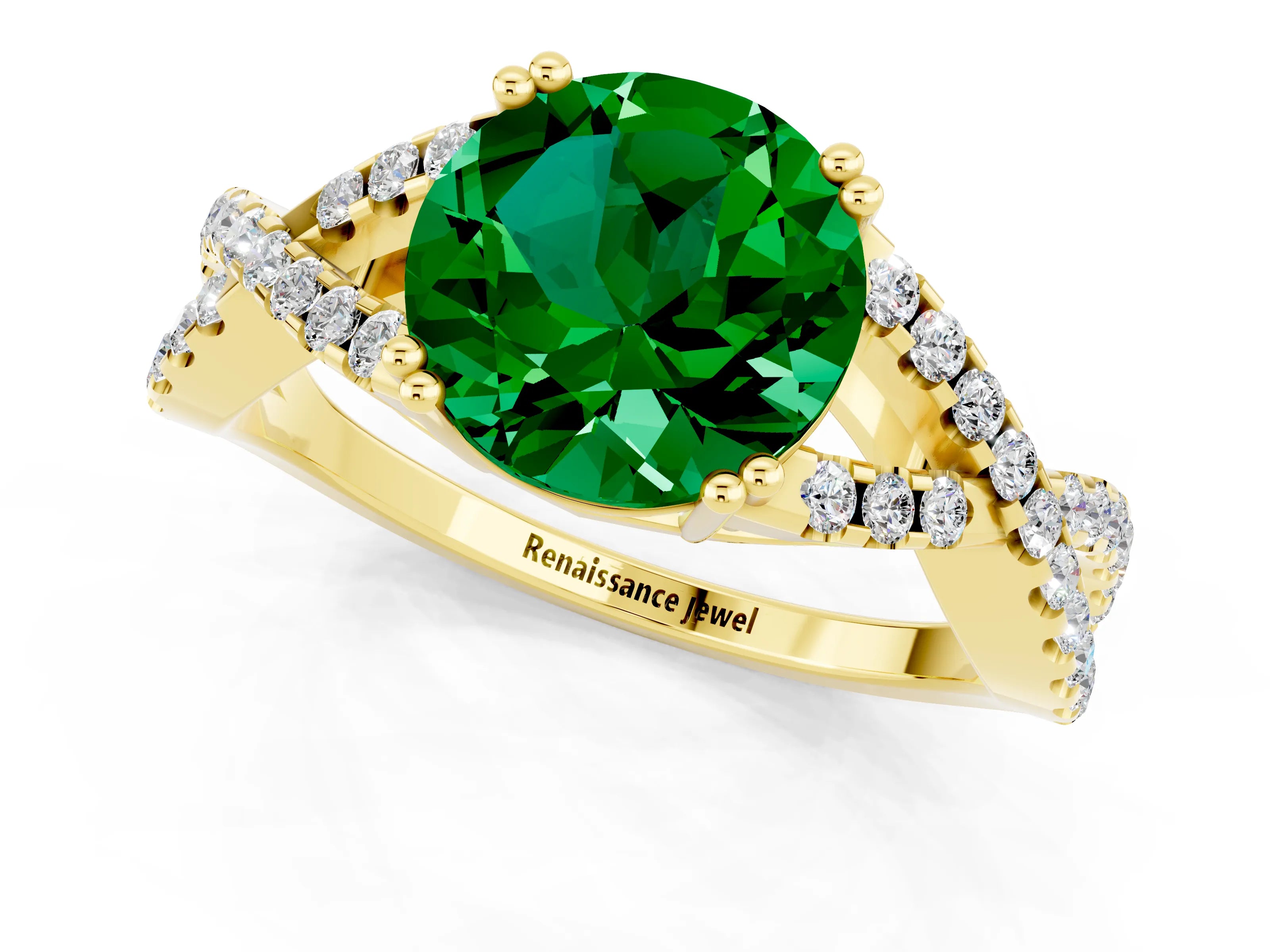 Yellow gold Round Cut Emerald Solitaire Ring with Four-Prong Setting and Twisted Pavé Band_1