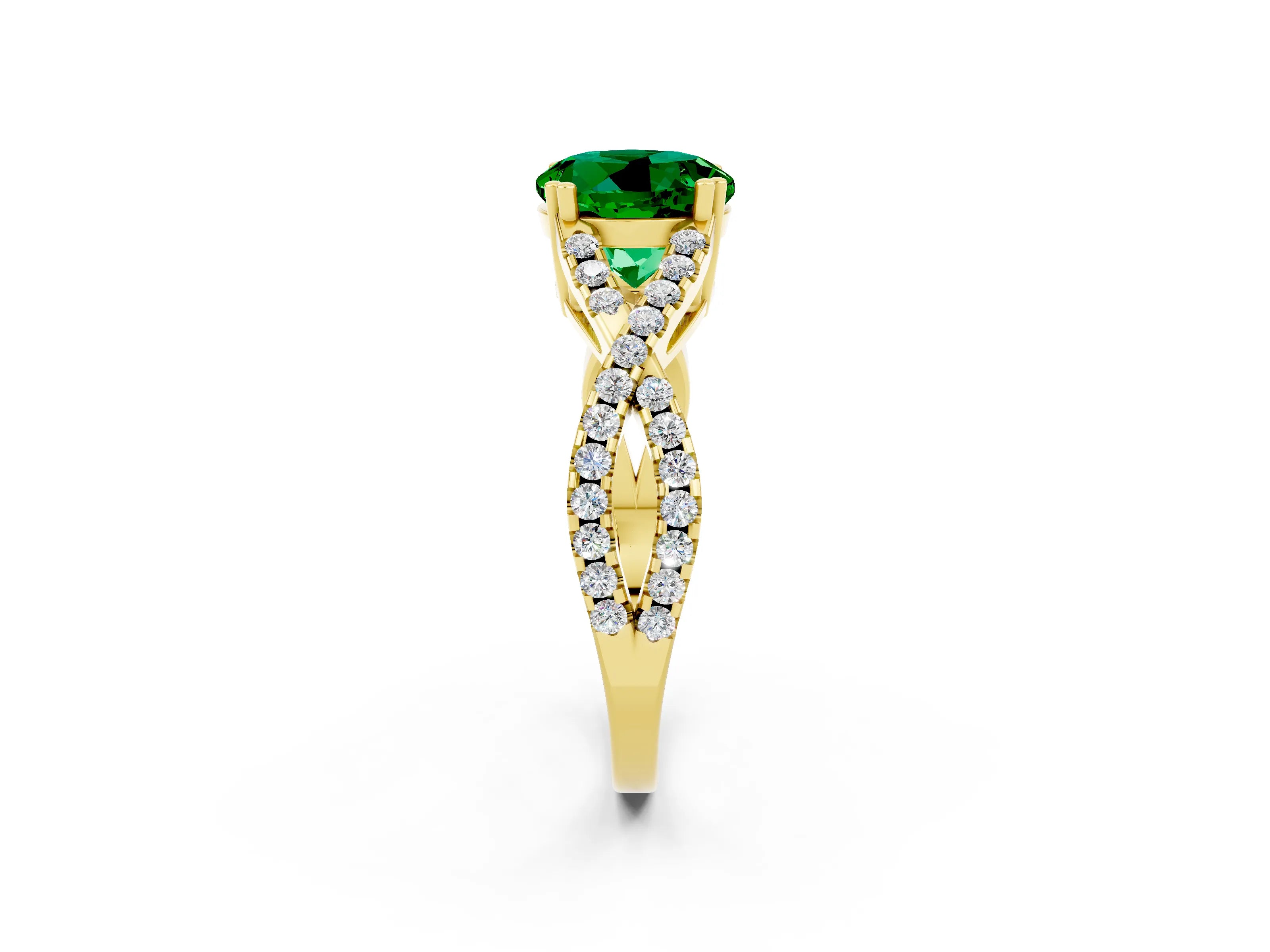 Yellow gold Round Cut Emerald Solitaire Ring with Four-Prong Setting and Twisted Pavé Band_2