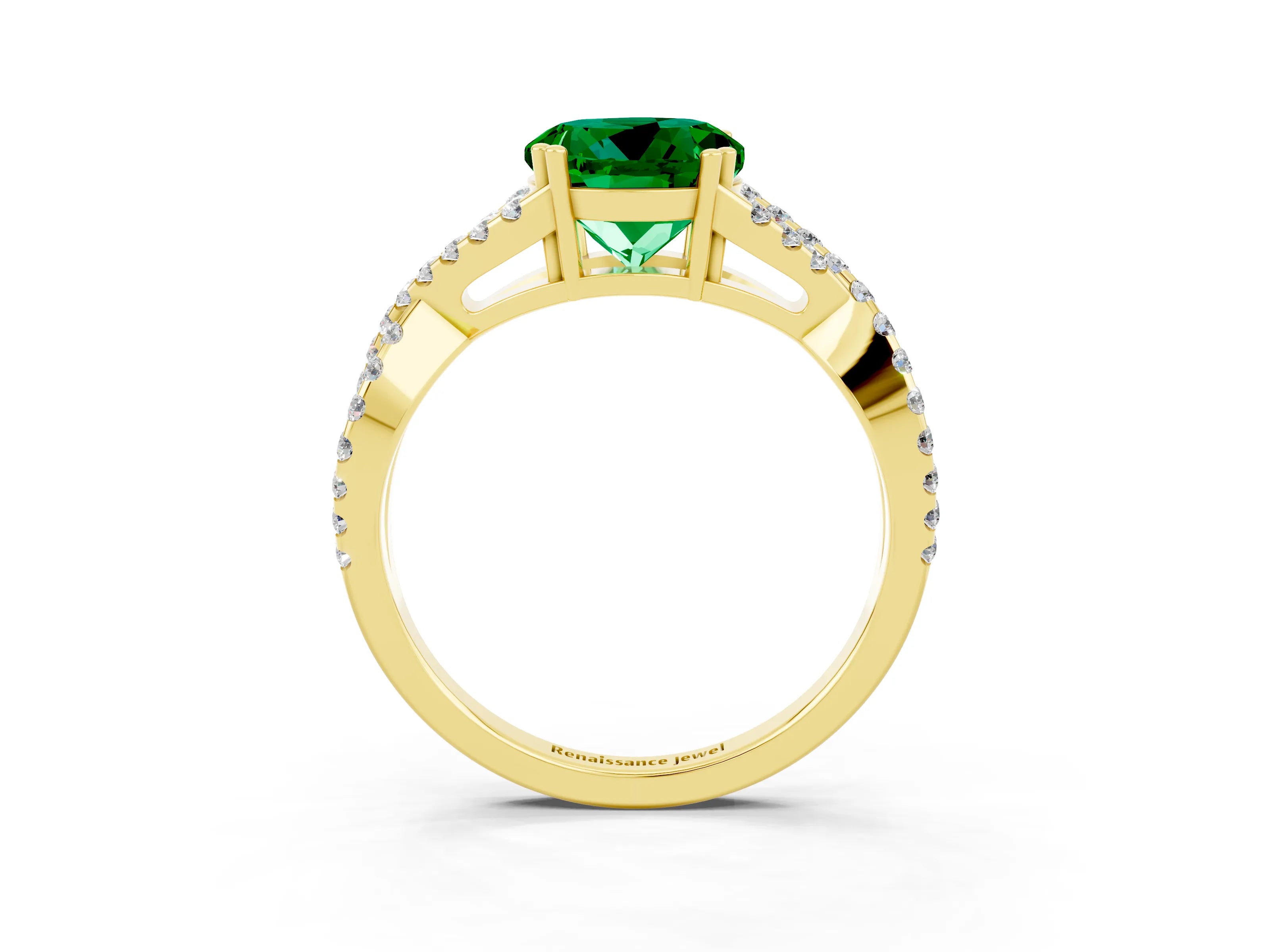 Yellow gold Round Cut Emerald Solitaire Ring with Four-Prong Setting and Twisted Pavé Band_3