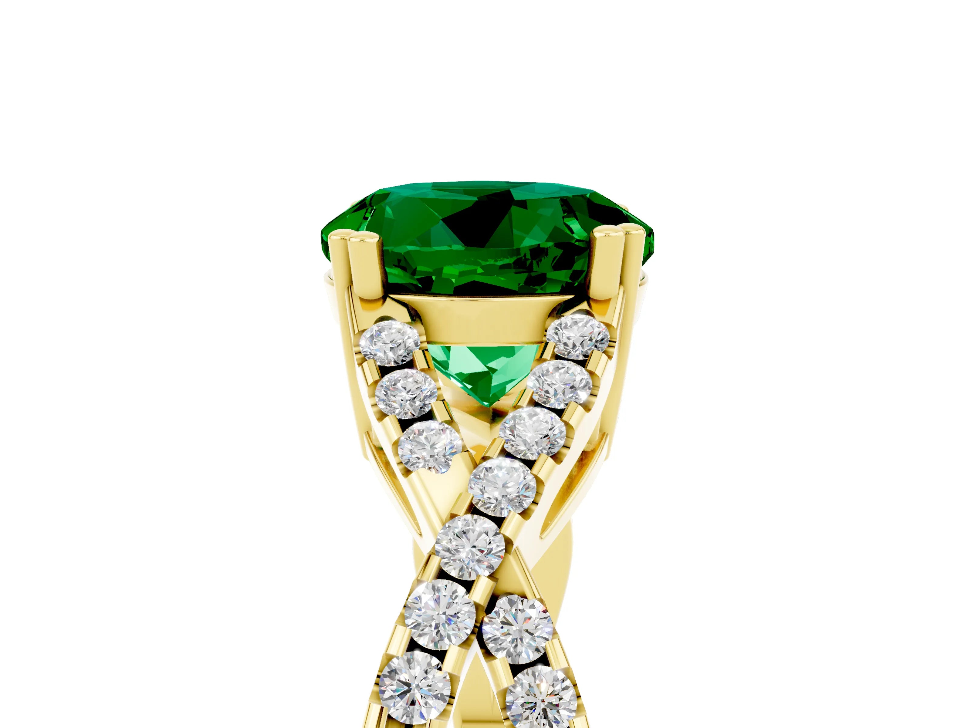Yellow gold Round Cut Emerald Solitaire Ring with Four-Prong Setting and Twisted Pavé Band_5