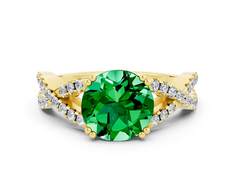 Yellow gold Round Cut Emerald Solitaire Ring with Four-Prong Setting and Twisted Pavé Band