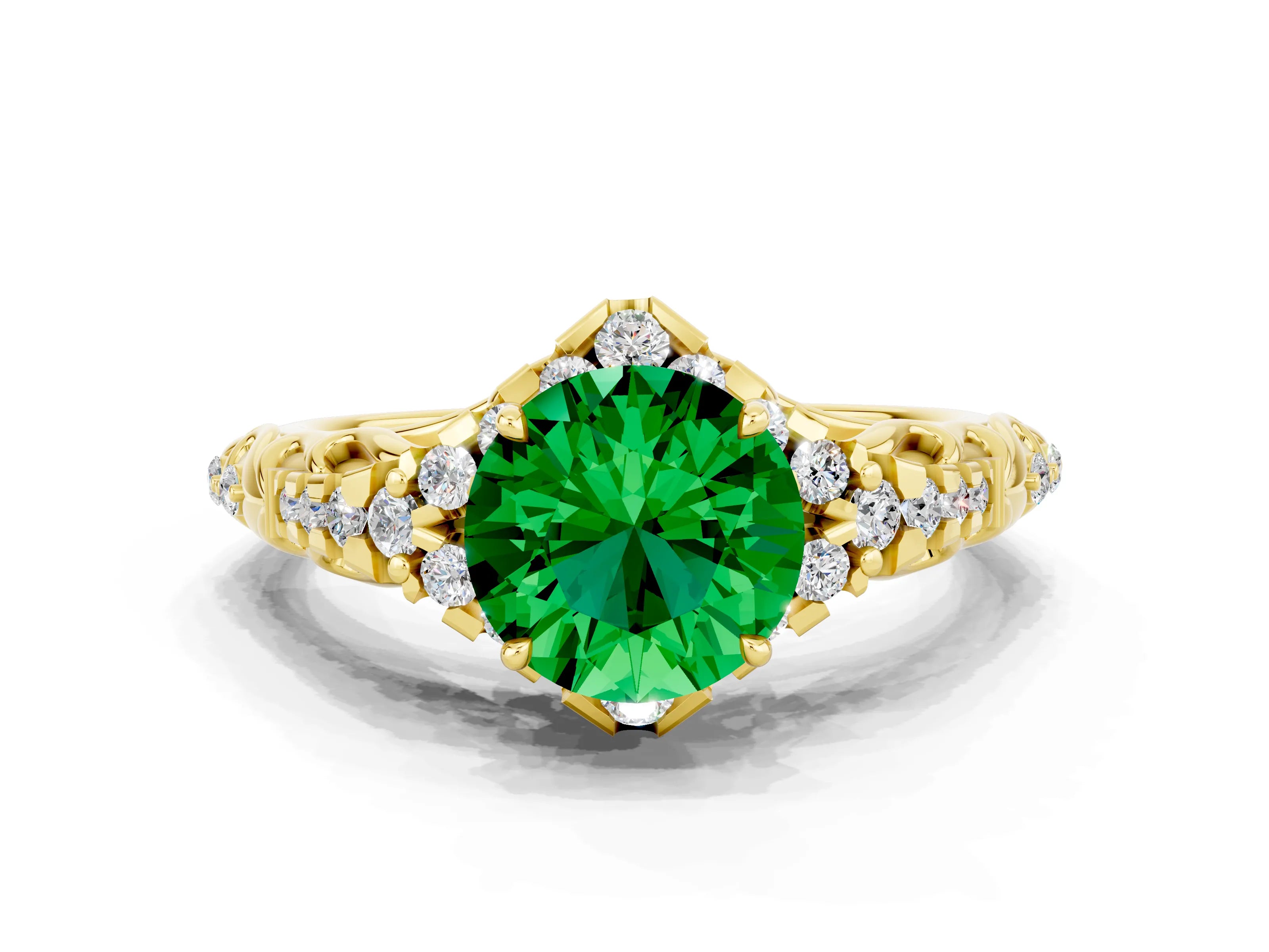 Yellow gold Round Cut Emerald Solitaire Ring with Hidden Halo and Pavé Band_34