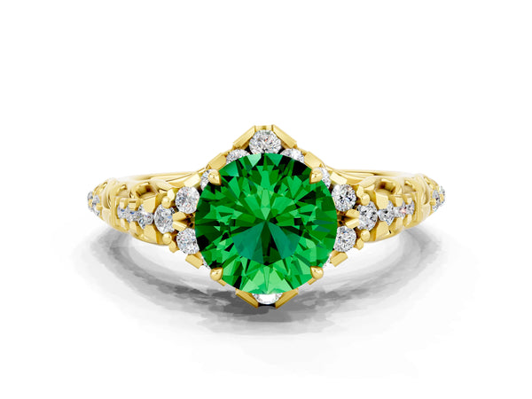 Yellow gold Round Cut Emerald Solitaire Ring with Hidden Halo and Pavé Band