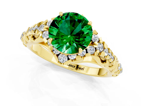 Yellow gold Round Cut Emerald Solitaire Ring with Hidden Halo and Pavé Band_35