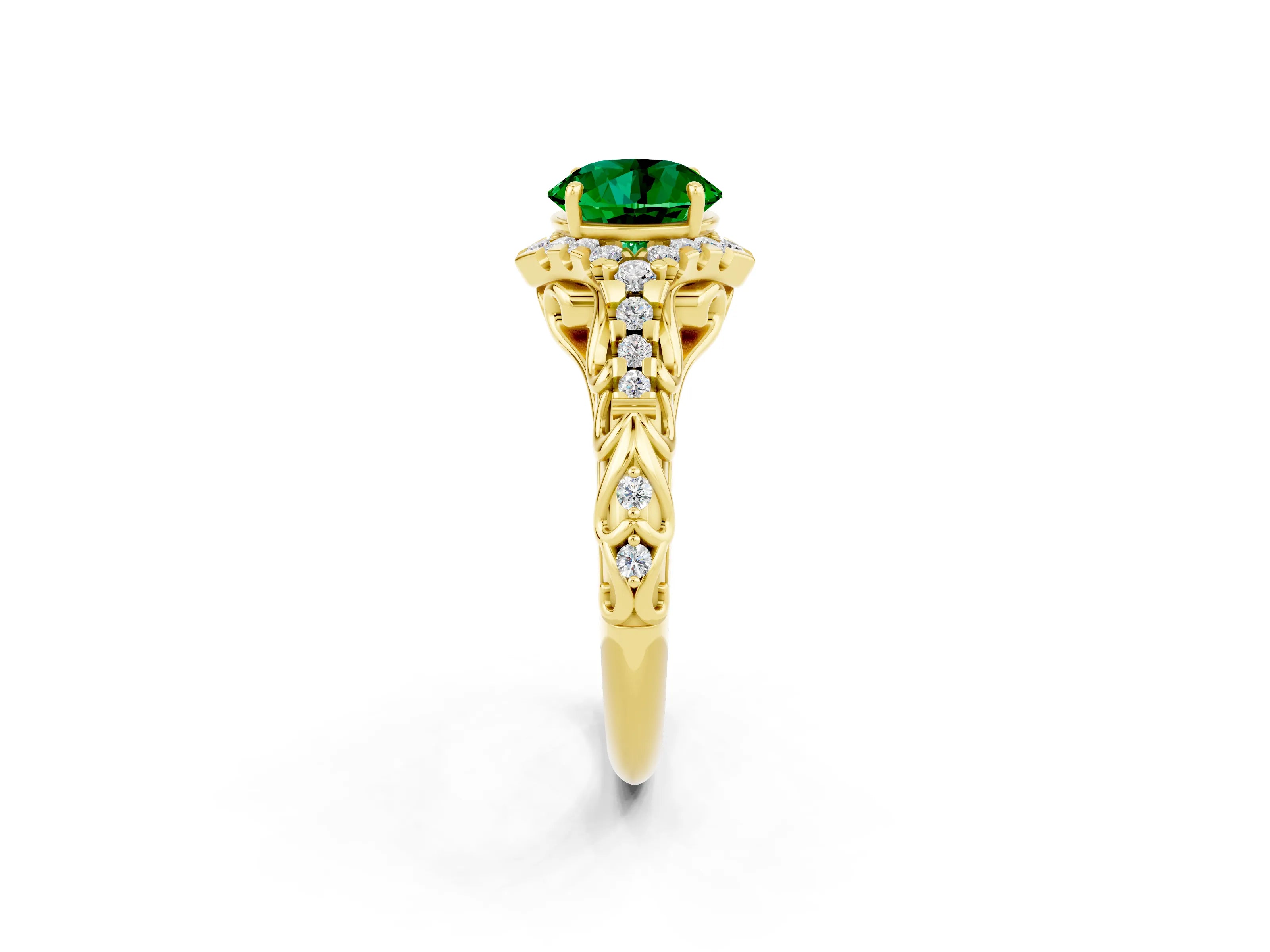 Yellow gold Round Cut Emerald Solitaire Ring with Hidden Halo and Pavé Band_36