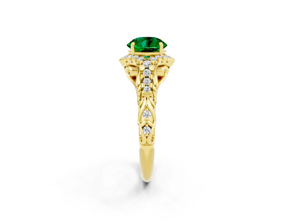 Yellow gold Round Cut Emerald Solitaire Ring with Hidden Halo and Pavé Band