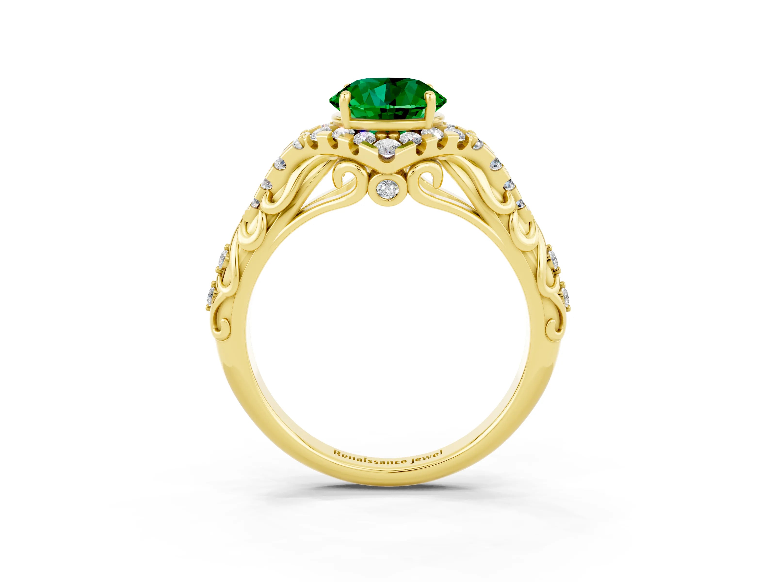 Yellow gold Round Cut Emerald Solitaire Ring with Hidden Halo and Pavé Band_37