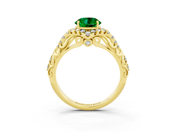 Yellow gold Round Cut Emerald Solitaire Ring with Hidden Halo and Pavé Band