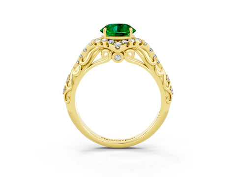 Yellow gold Round Cut Emerald Solitaire Ring with Hidden Halo and Pavé Band_37