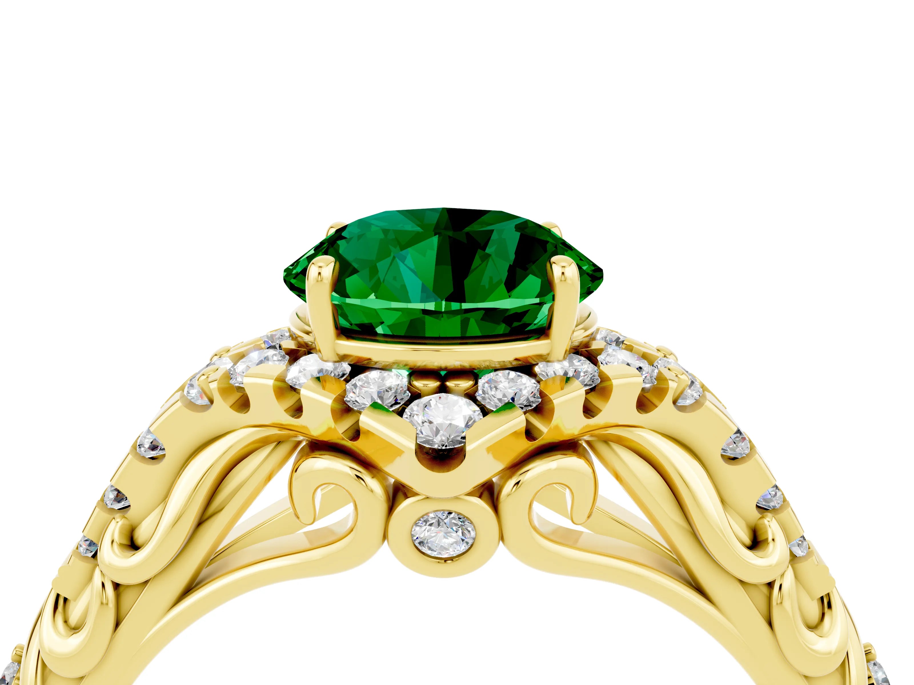 Yellow gold Round Cut Emerald Solitaire Ring with Hidden Halo and Pavé Band_38
