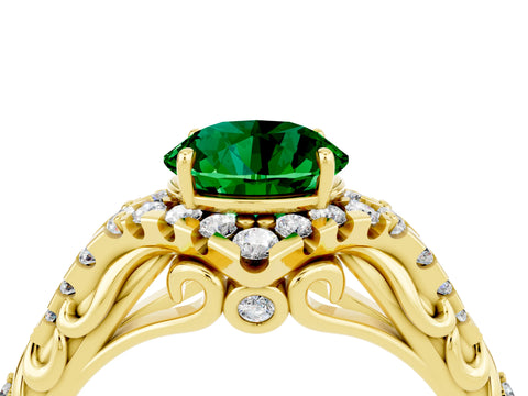 Yellow gold Round Cut Emerald Solitaire Ring with Hidden Halo and Pavé Band_38