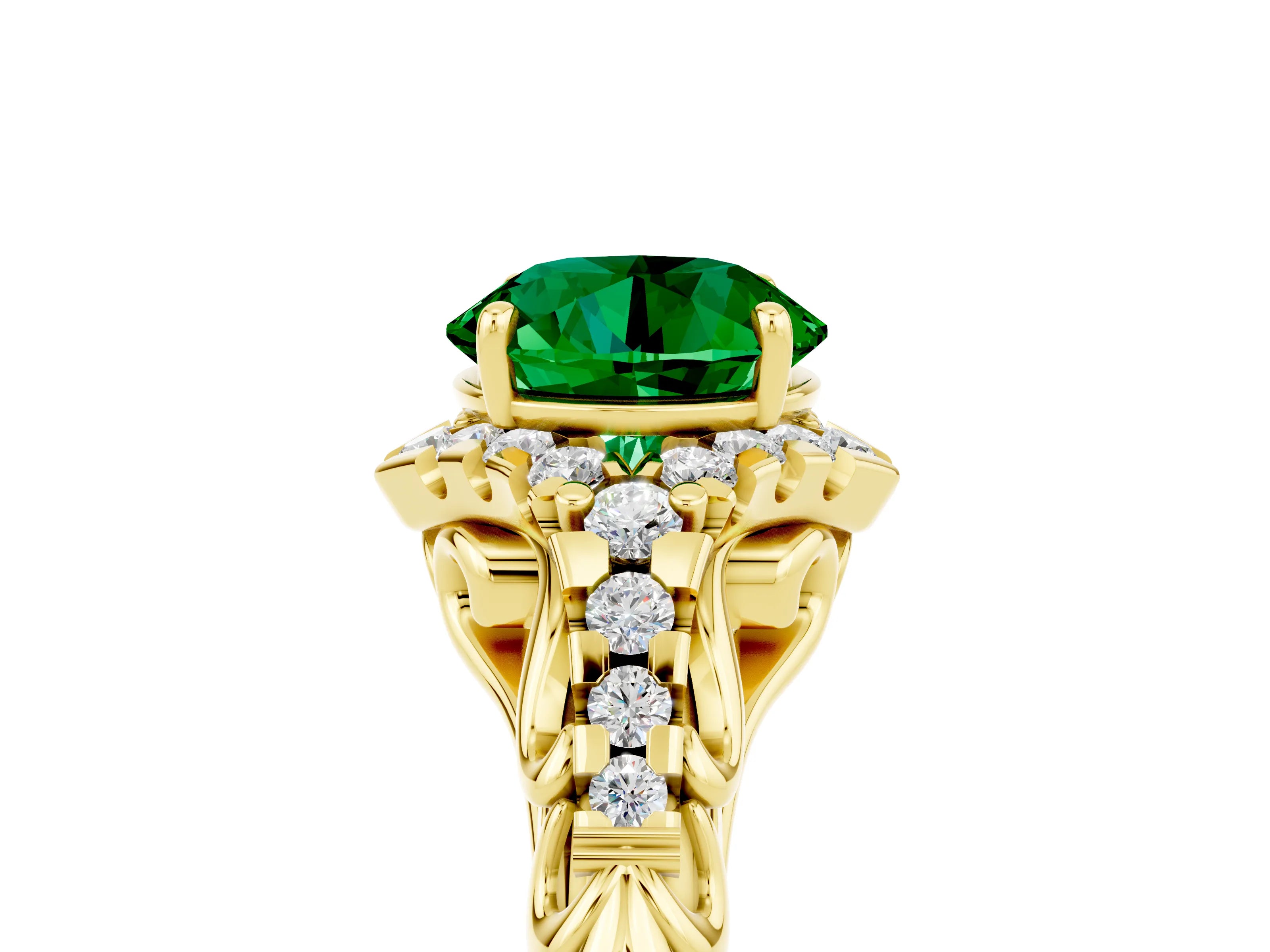 Yellow gold Round Cut Emerald Solitaire Ring with Hidden Halo and Pavé Band_39