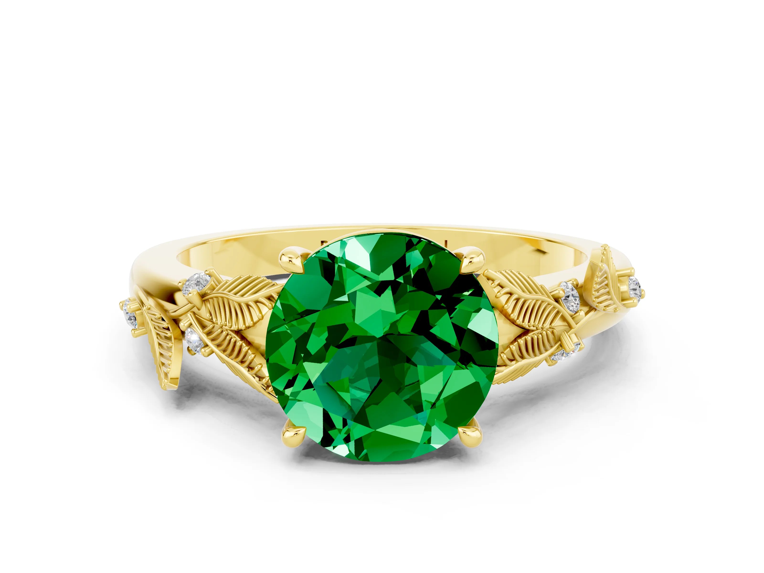 Yellow gold Round Cut Emerald Solitaire Ring with Leaf Motif Band and Four-Prong Setting