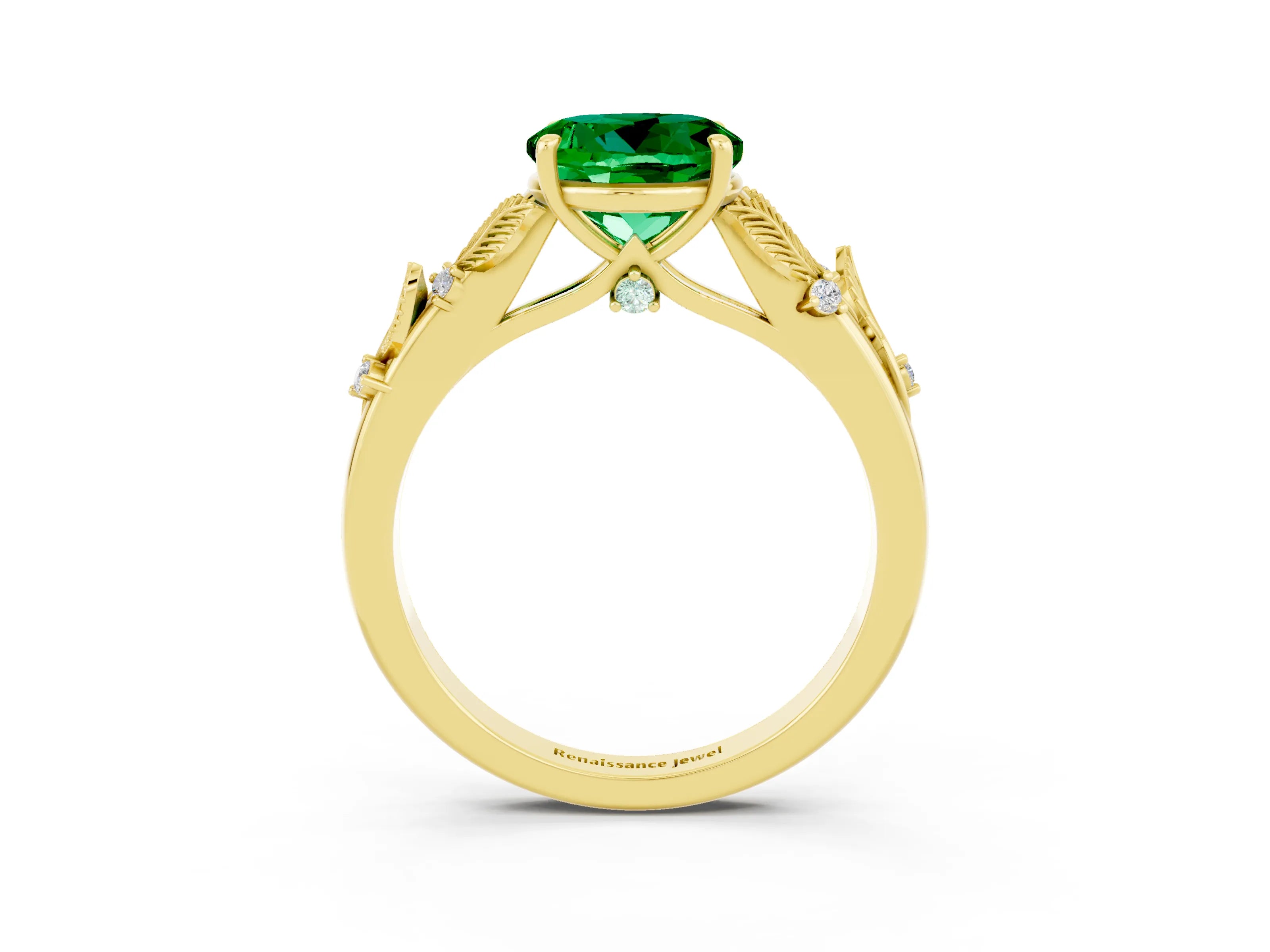 Yellow gold Round Cut Emerald Solitaire Ring with Leaf Motif Band and Four-Prong Setting_3