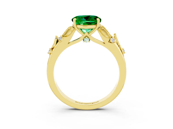 Yellow gold Round Cut Emerald Solitaire Ring with Leaf Motif Band and Four-Prong Setting