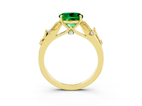 Yellow gold Round Cut Emerald Solitaire Ring with Leaf Motif Band and Four-Prong Setting_3