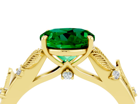 Yellow gold Round Cut Emerald Solitaire Ring with Leaf Motif Band and Four-Prong Setting_4