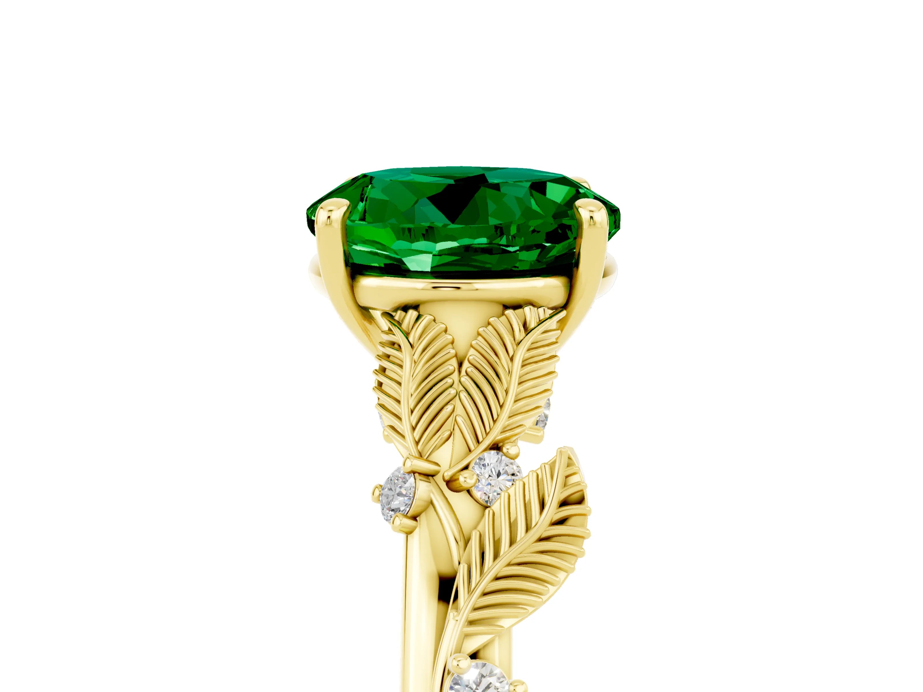 Yellow gold Round Cut Emerald Solitaire Ring with Leaf Motif Band and Four-Prong Setting_5