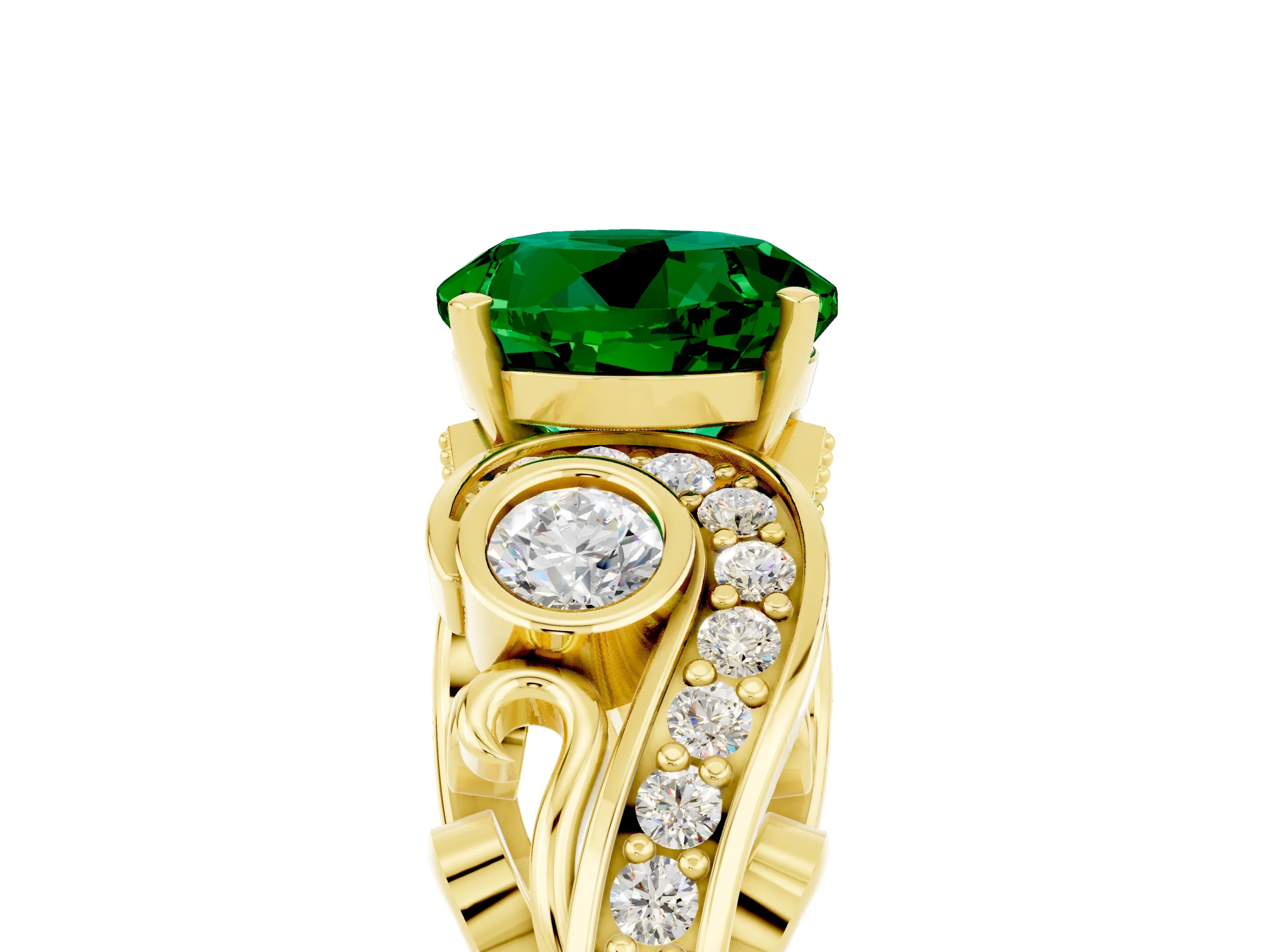 Yellow gold Round Cut Emerald Solitaire Ring with Milgrain Pavé Band and Four-Prong Setting_29