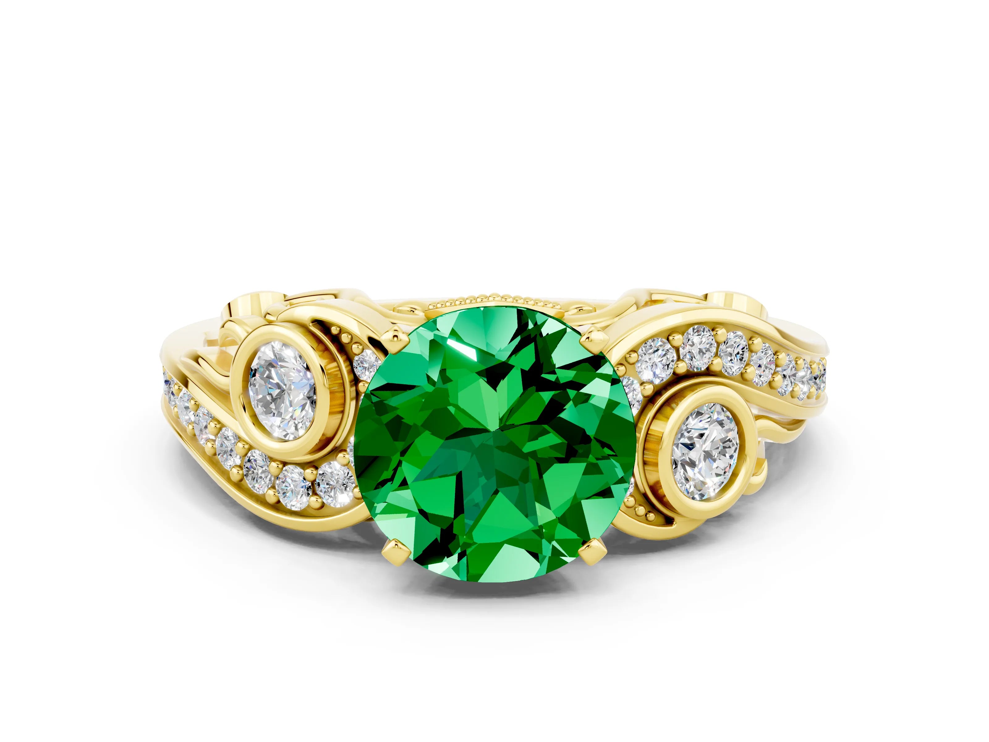Yellow gold Round Cut Emerald Solitaire Ring with Milgrain Pavé Band and Four-Prong Setting_36