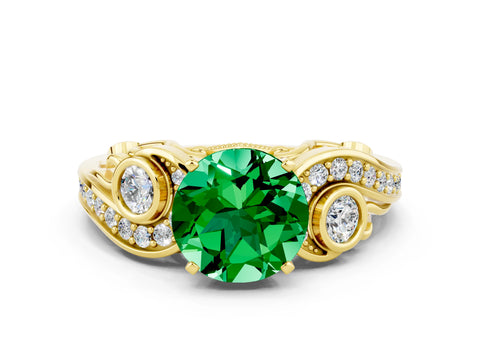 Yellow gold Round Cut Emerald Solitaire Ring with Milgrain Pavé Band and Four-Prong Setting_36