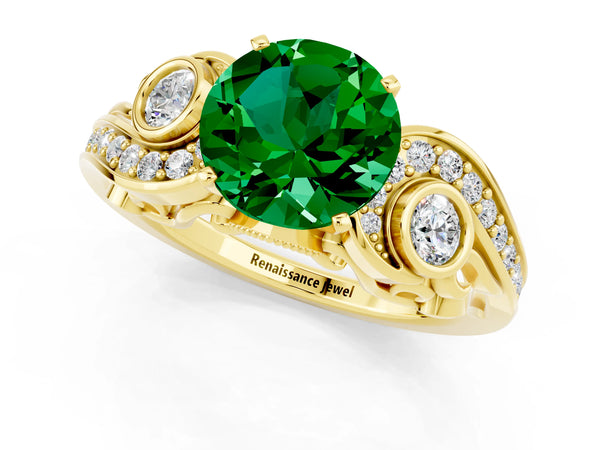 Yellow gold Round Cut Emerald Solitaire Ring with Milgrain Pavé Band and Four-Prong Setting