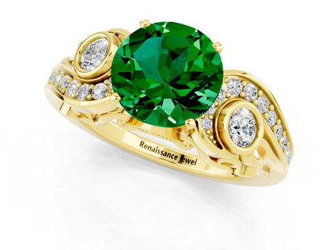 Yellow gold Round Cut Emerald Solitaire Ring with Milgrain Pavé Band and Four-Prong Setting_37