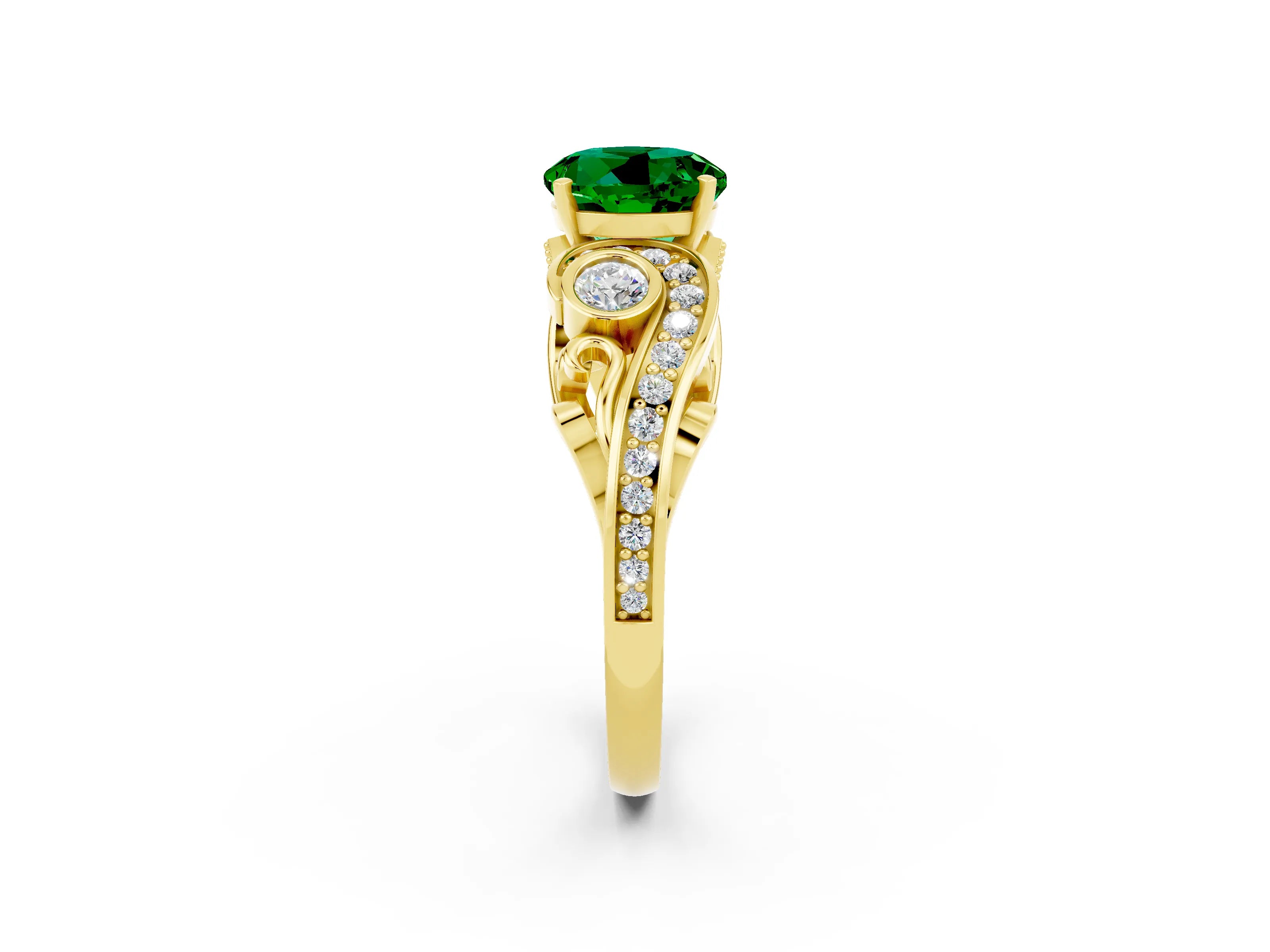 Yellow gold Round Cut Emerald Solitaire Ring with Milgrain Pavé Band and Four-Prong Setting_38