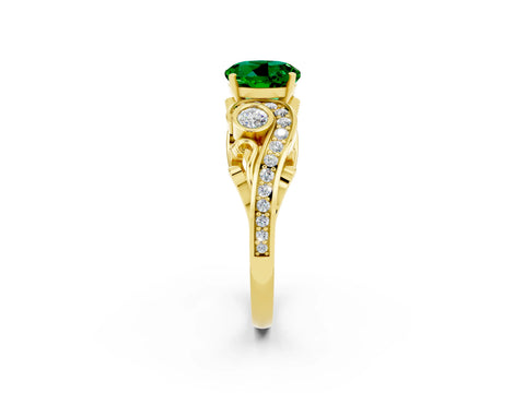 Yellow gold Round Cut Emerald Solitaire Ring with Milgrain Pavé Band and Four-Prong Setting_38