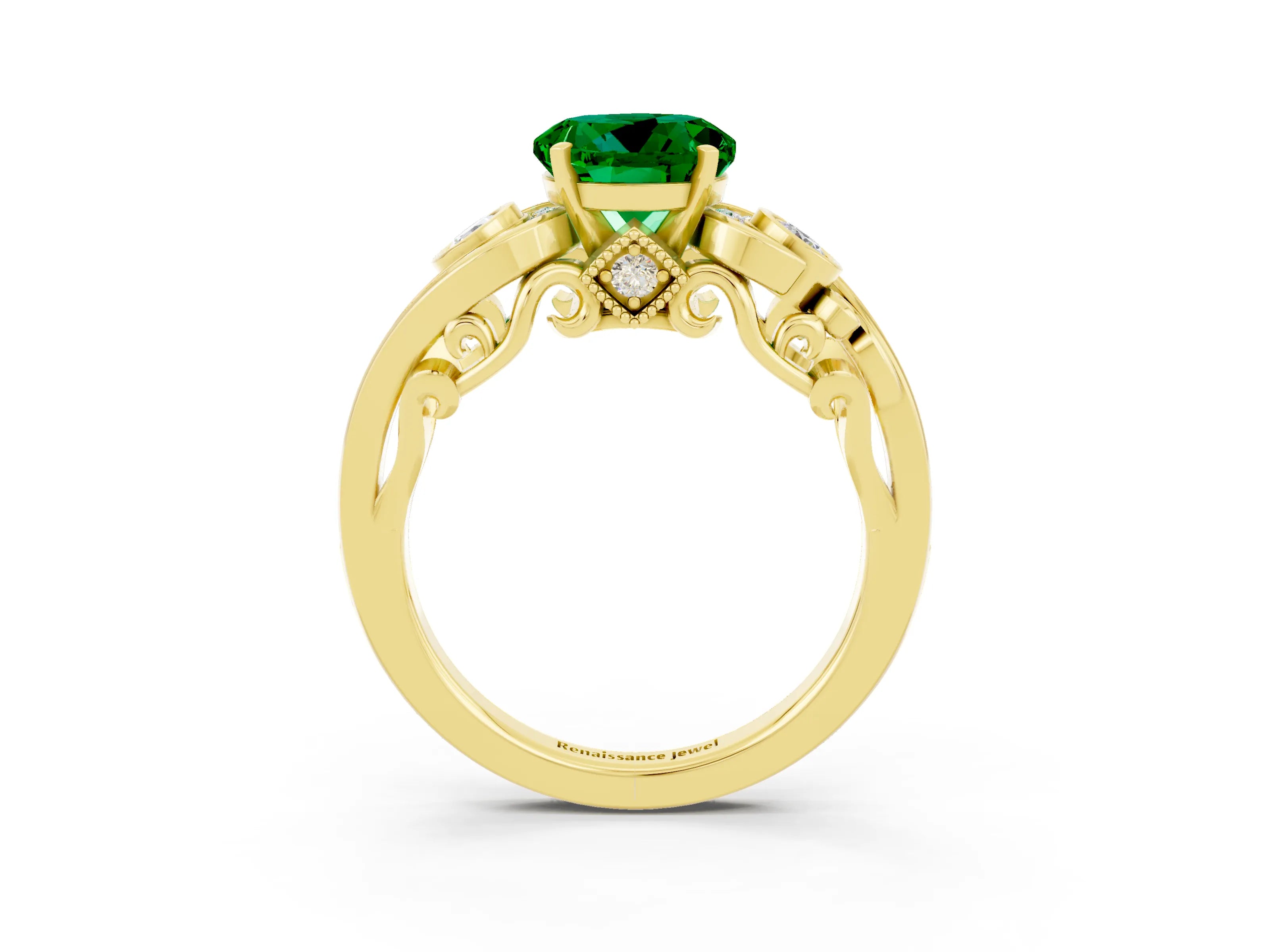 Yellow gold Round Cut Emerald Solitaire Ring with Milgrain Pavé Band and Four-Prong Setting_39