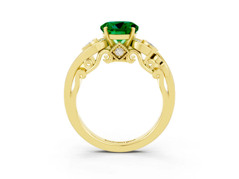 Yellow gold Round Cut Emerald Solitaire Ring with Milgrain Pavé Band and Four-Prong Setting_39