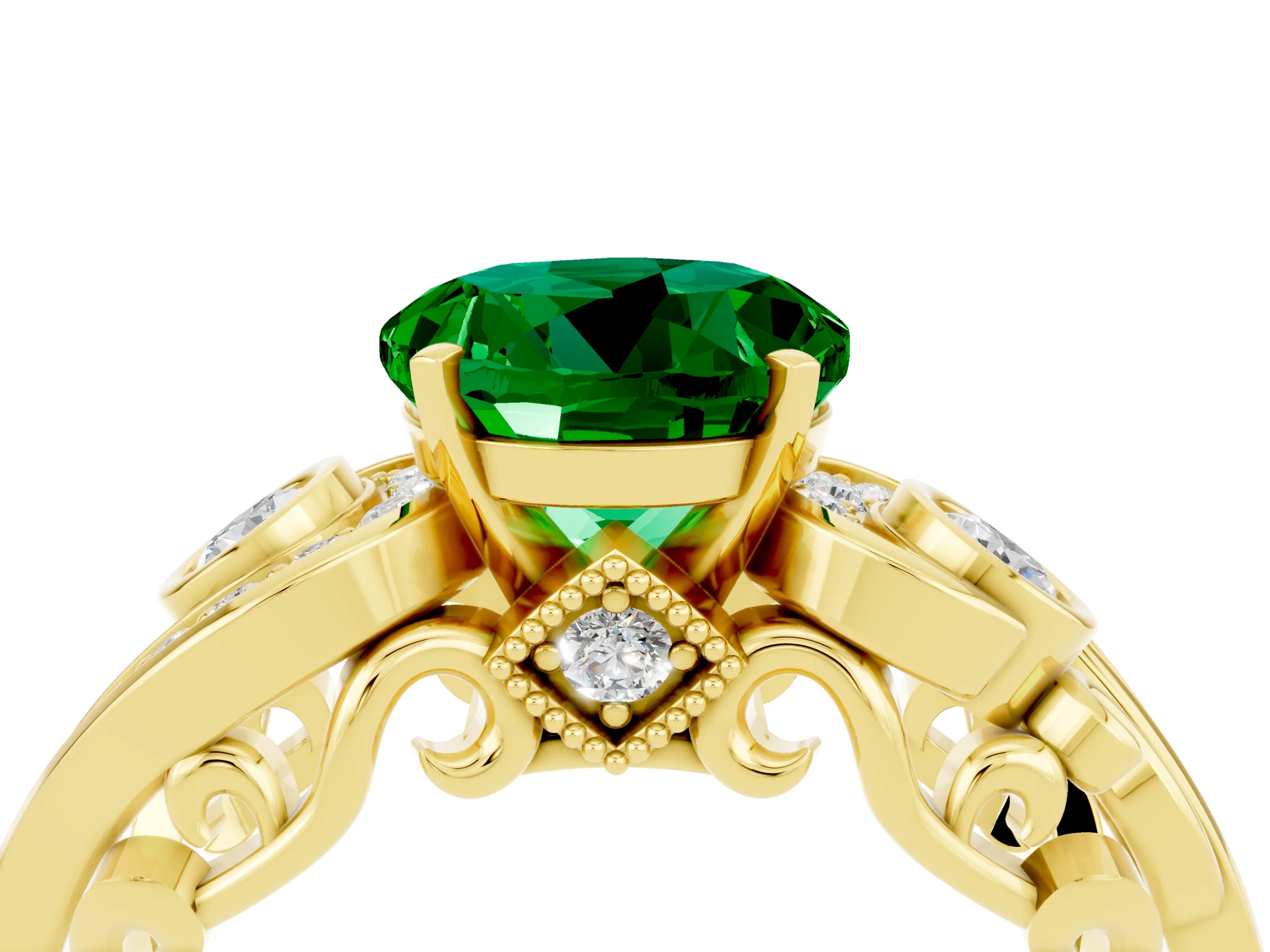 Yellow gold Round Cut Emerald Solitaire Ring with Milgrain Pavé Band and Four-Prong Setting_40