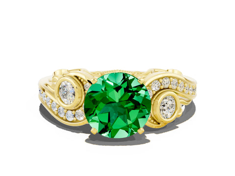 Yellow gold Round Cut Emerald Solitaire Ring with Milgrain Pavé Band and Four-Prong Setting_48