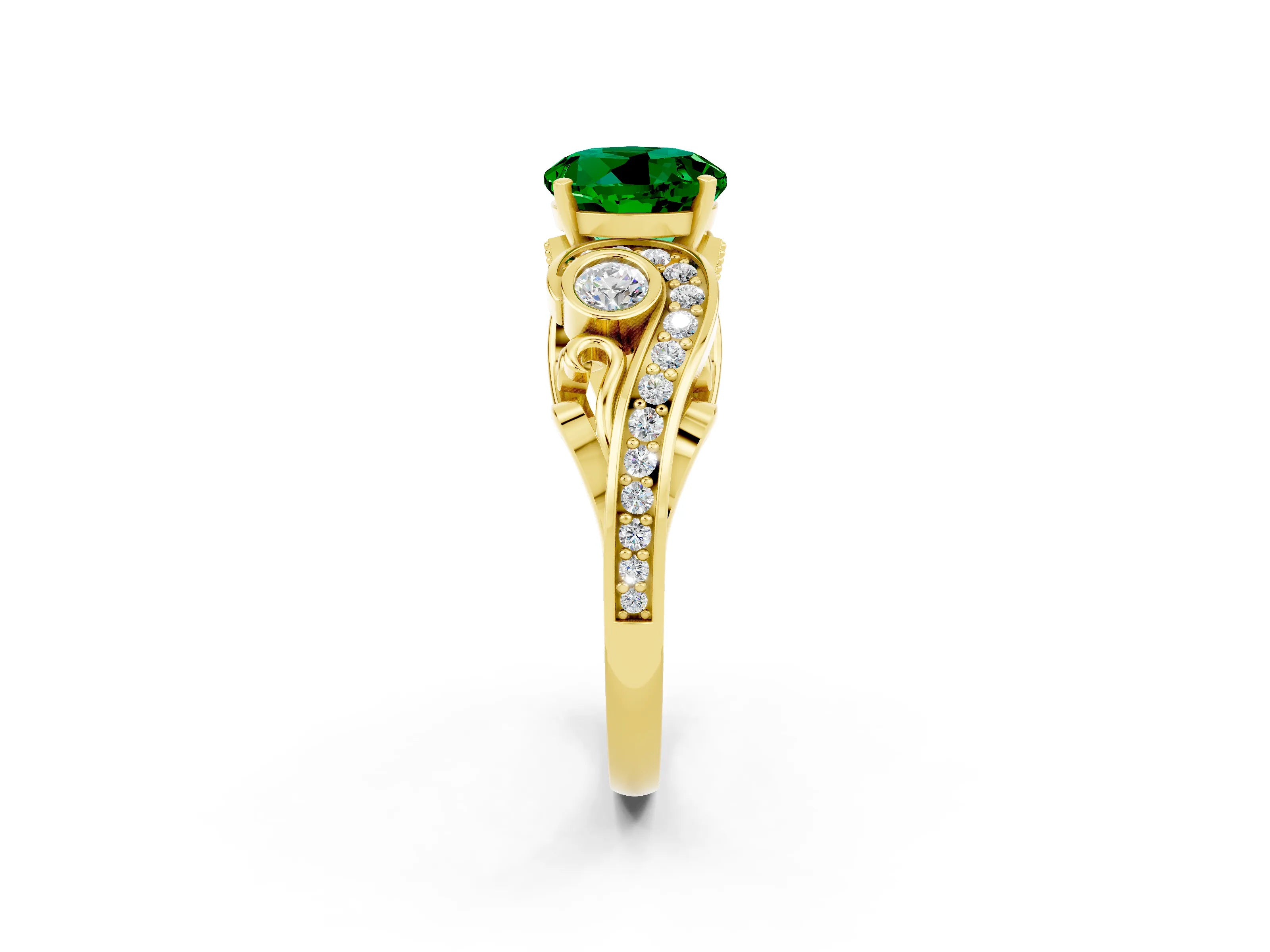 Yellow gold Round Cut Emerald Solitaire Ring with Milgrain Pavé Band and Four-Prong Setting_50