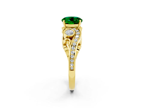 Yellow gold Round Cut Emerald Solitaire Ring with Milgrain Pavé Band and Four-Prong Setting_50