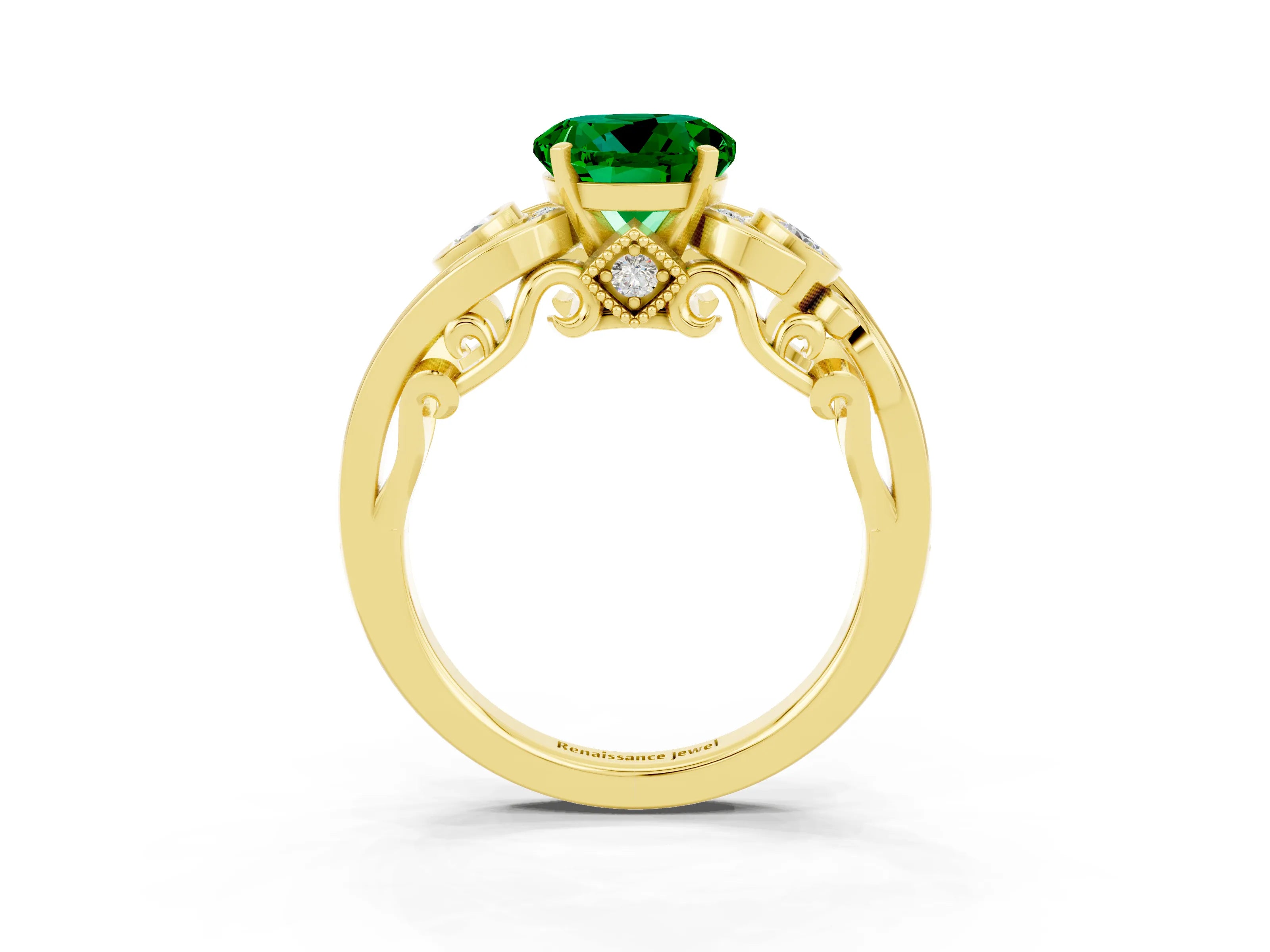 Yellow gold Round Cut Emerald Solitaire Ring with Milgrain Pavé Band and Four-Prong Setting_51