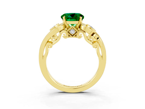 Yellow gold Round Cut Emerald Solitaire Ring with Milgrain Pavé Band and Four-Prong Setting_51