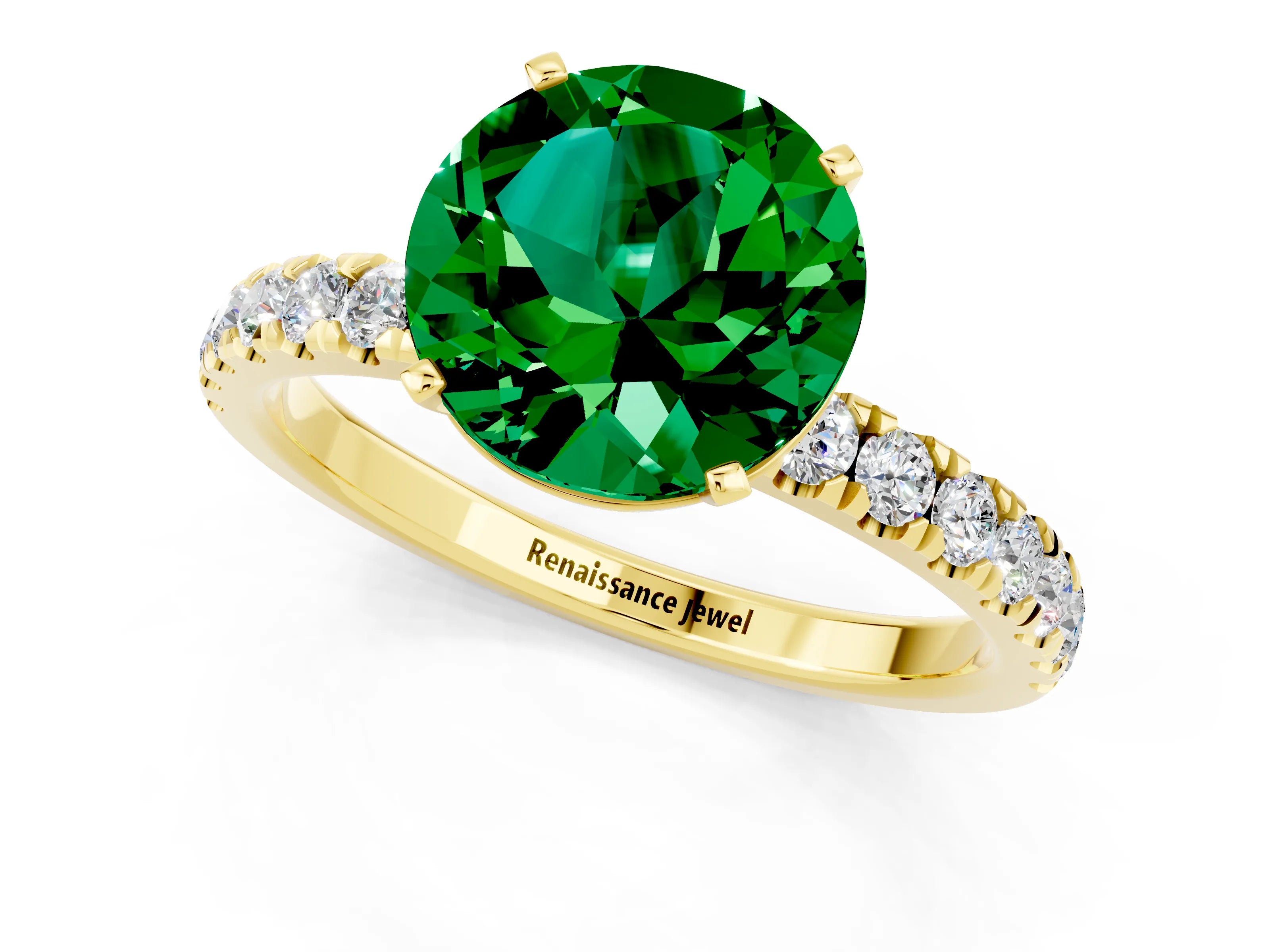 Yellow gold Round Cut Emerald Solitaire Ring with Pavé Accents and Four-Prong Setting_1