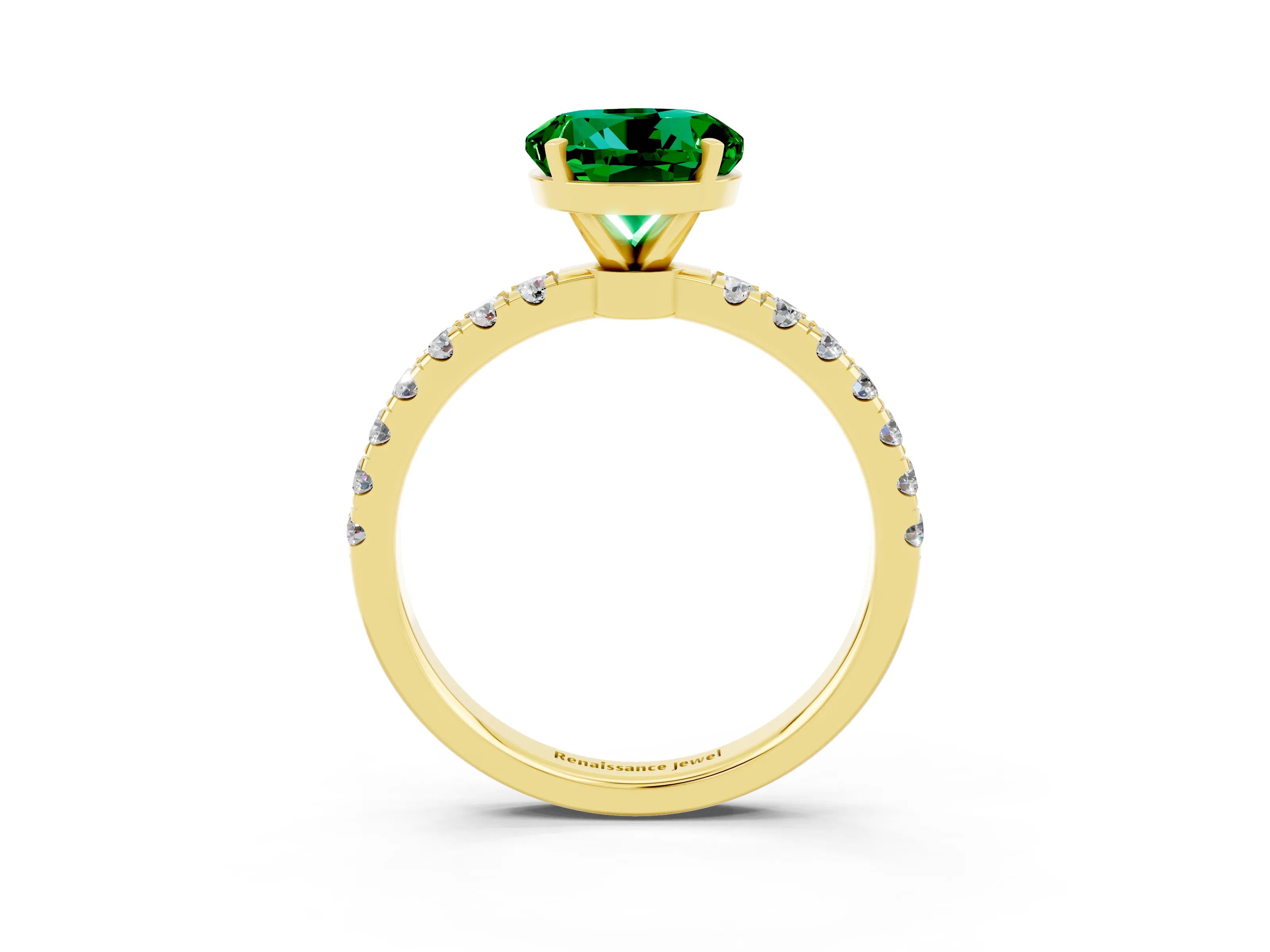 Yellow gold Round Cut Emerald Solitaire Ring with Pavé Accents and Four-Prong Setting_3