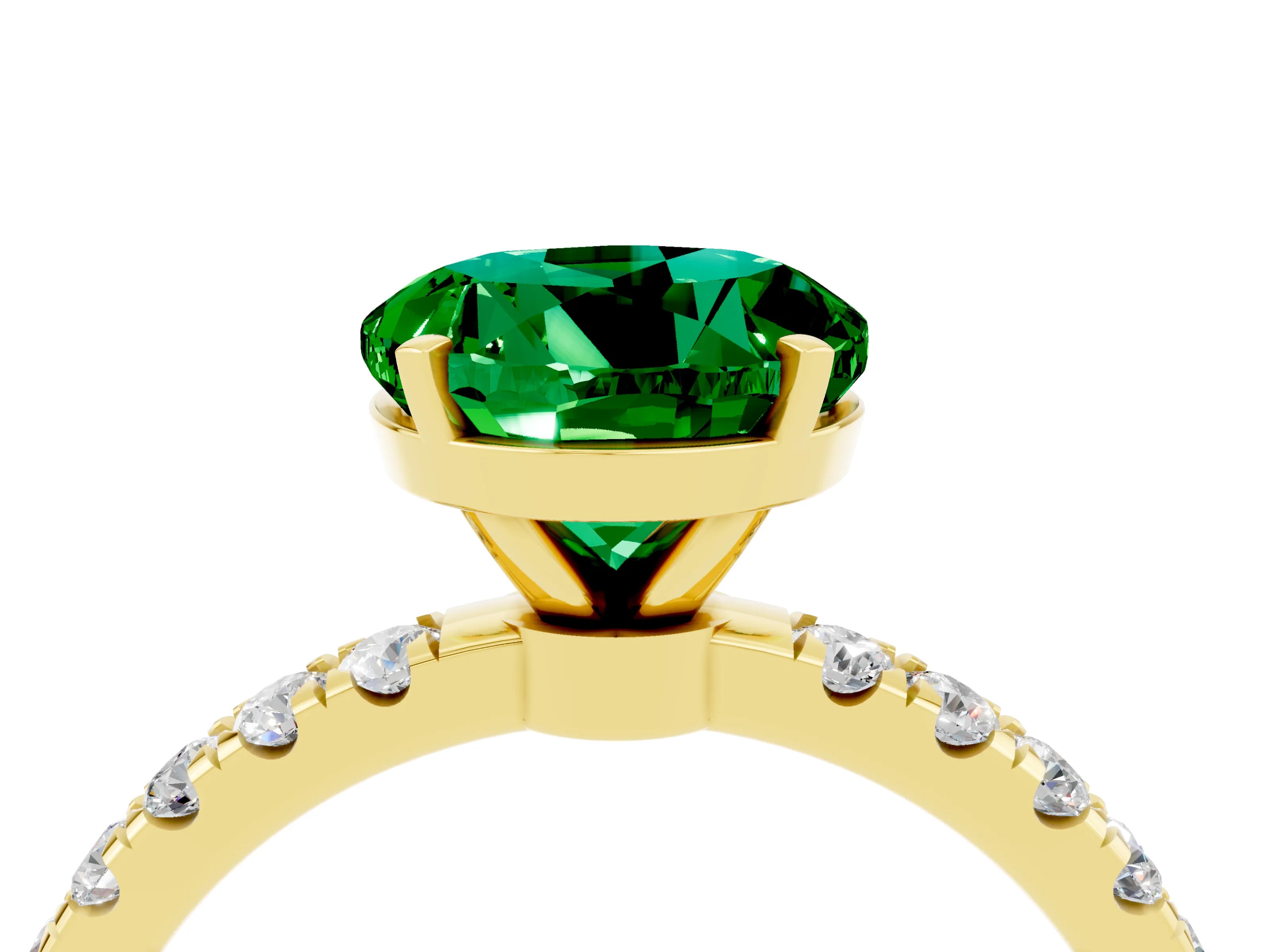Yellow gold Round Cut Emerald Solitaire Ring with Pavé Accents and Four-Prong Setting_4