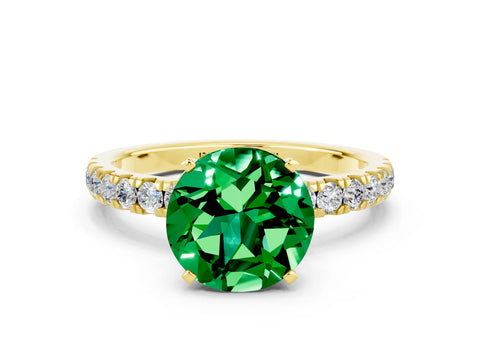 Yellow gold Round Cut Emerald Solitaire Ring with Pavé Accents and Four-Prong Setting
