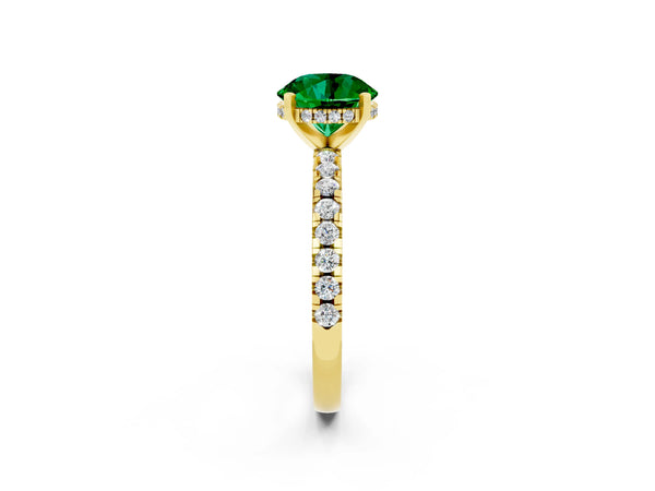 Yellow gold Round Cut Emerald Solitaire Ring with Round  Pavé Band and Four-Prong Setting