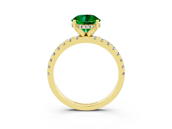 Yellow gold Round Cut Emerald Solitaire Ring with Round  Pavé Band and Four-Prong Setting