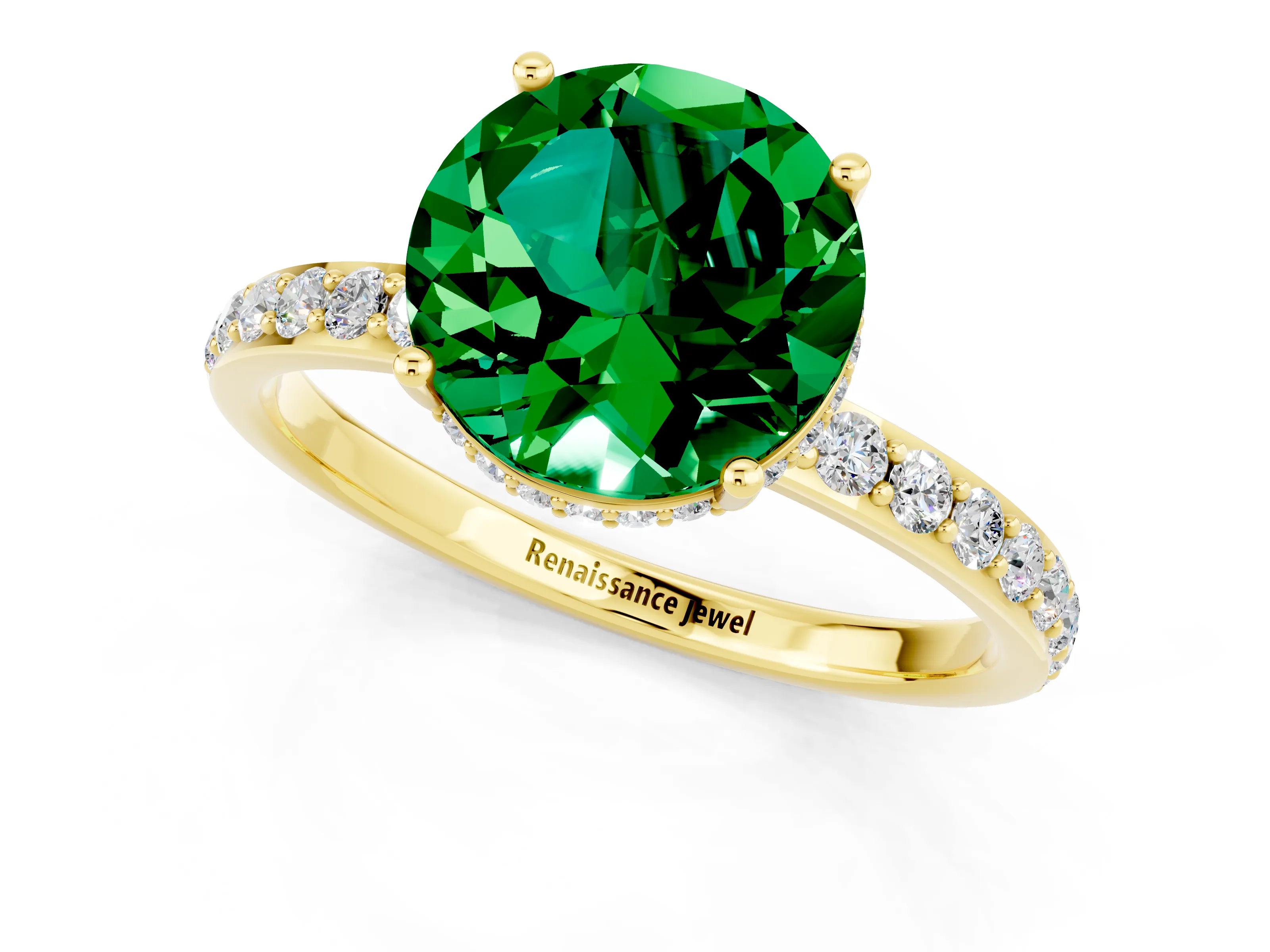 Yellow gold Round Cut Emerald Solitaire Ring with Pavé Band and Hidden Halo_13