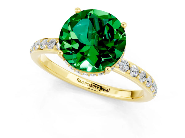 Yellow gold Round Cut Emerald Solitaire Ring with Pavé Band and Hidden Halo