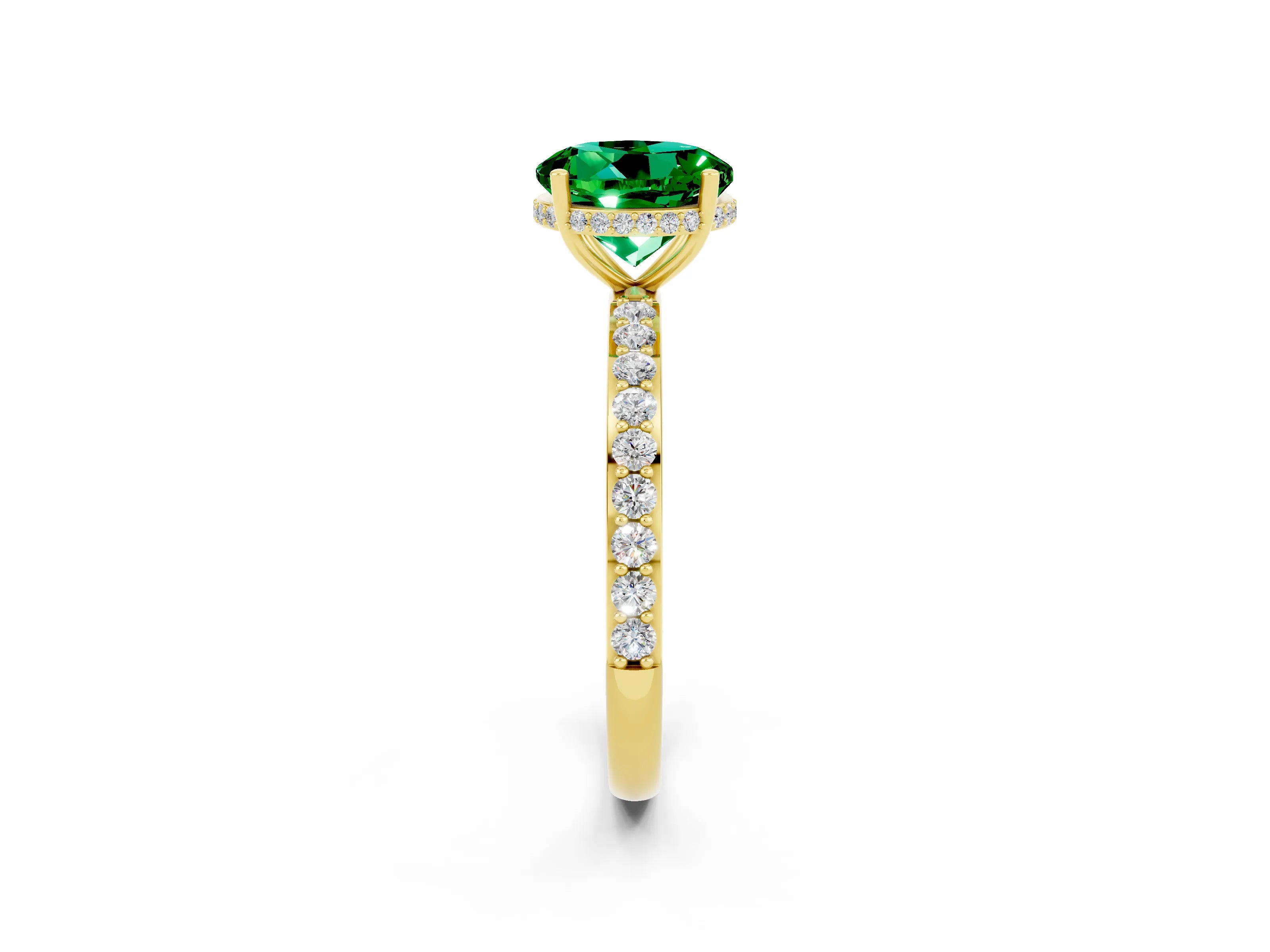 Yellow gold Round Cut Emerald Solitaire Ring with Pavé Band and Hidden Halo_14