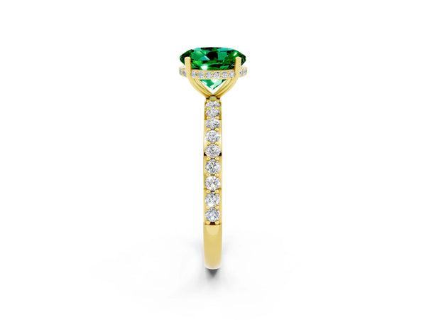Yellow gold Round Cut Emerald Solitaire Ring with Pavé Band and Hidden Halo