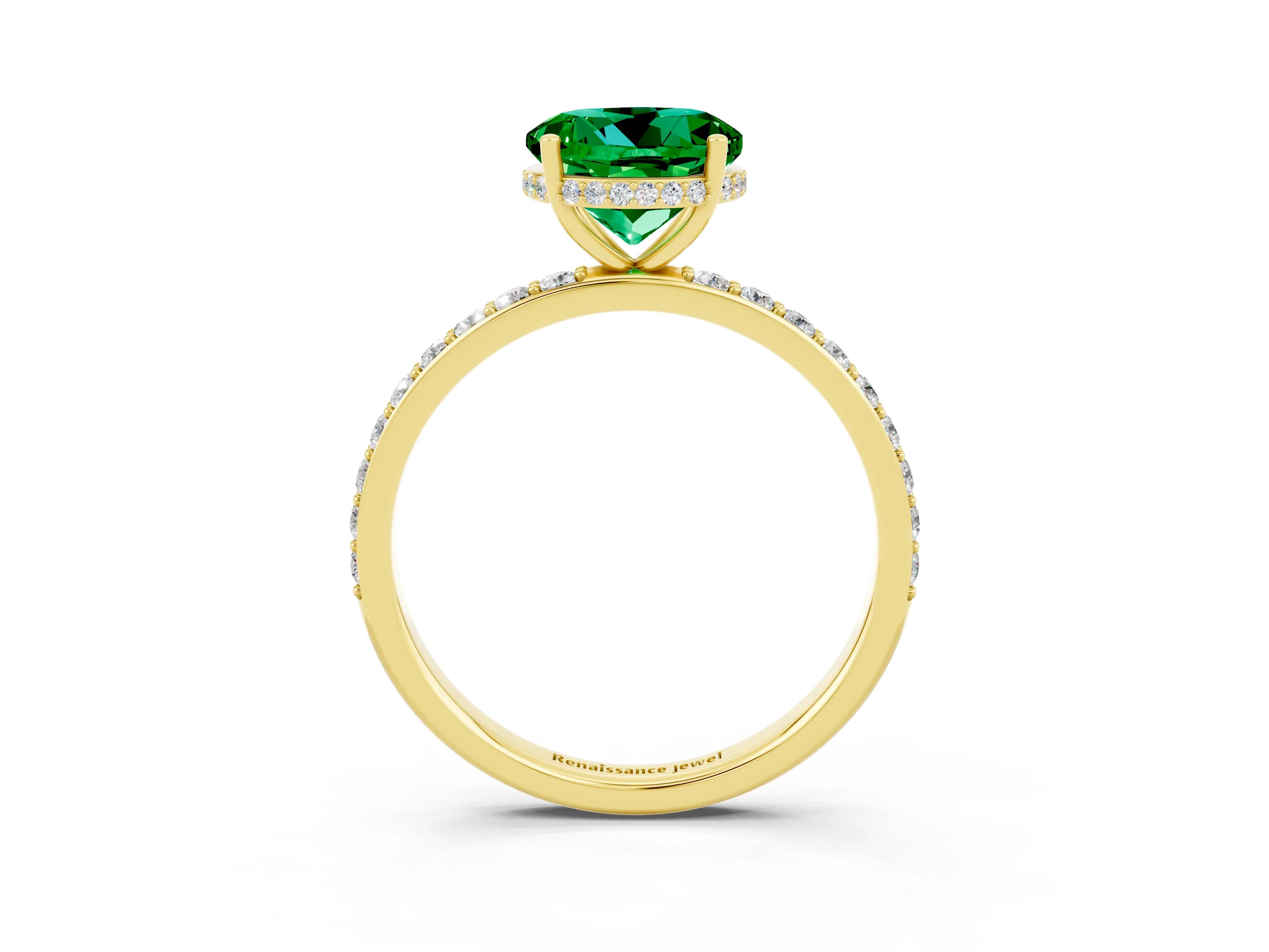 Yellow gold Round Cut Emerald Solitaire Ring with Pavé Band and Hidden Halo_15
